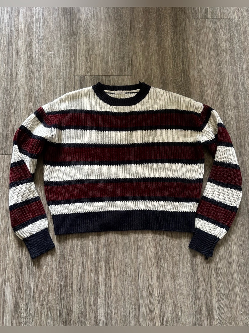 Garage Striped Crewneck Cropped Sweater in Cream, Navy & Burgundy